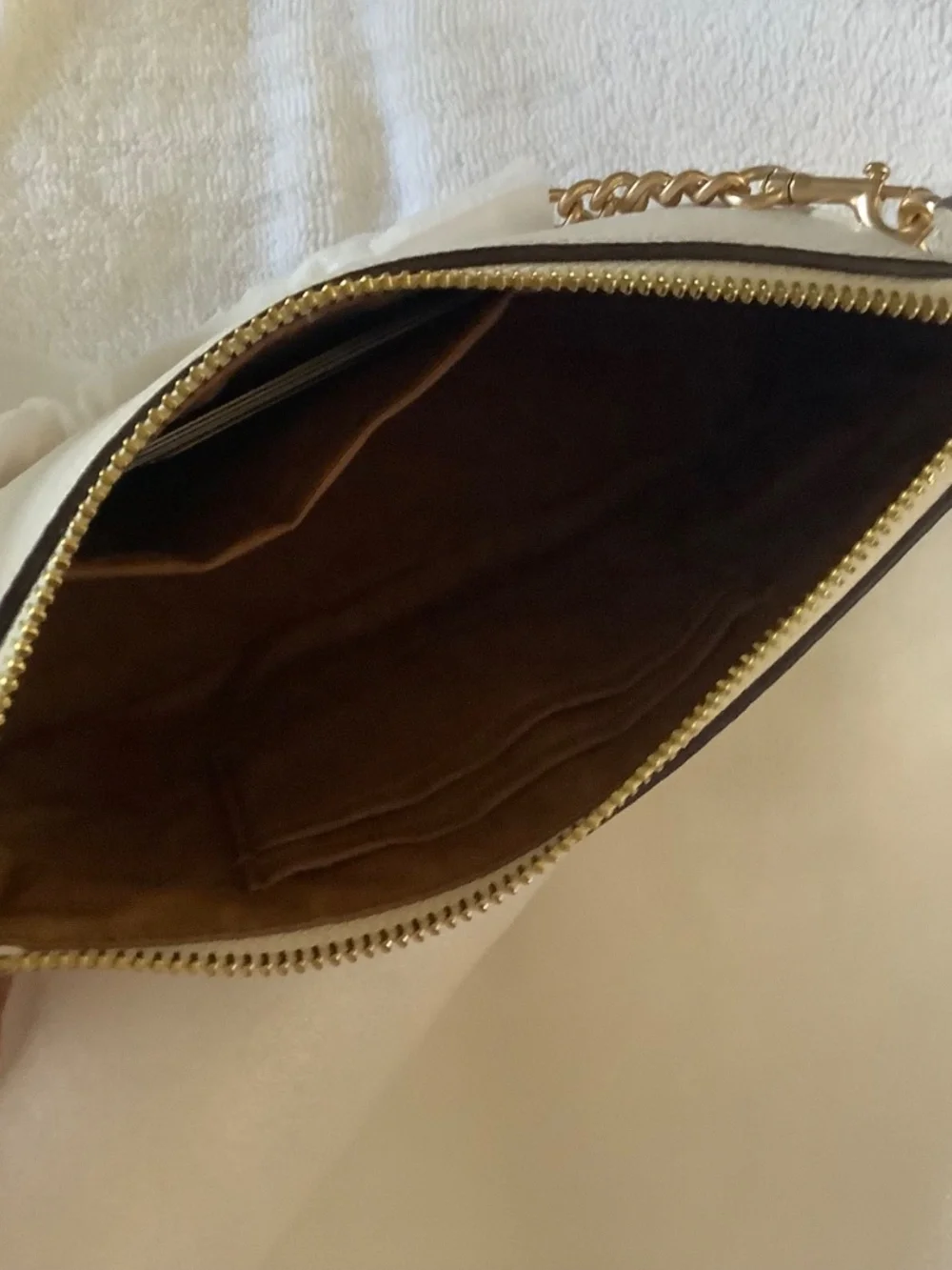 Coach Pebbled Leather Floral Appliqué Large Wristlet With Gold Chain Chalk